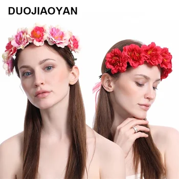 

DUOJIAOYAN 2019 Women Floral Wreath Crown Rose Flower Headband Tiaras for Girls Hair Accessories Party Boho Headpiece