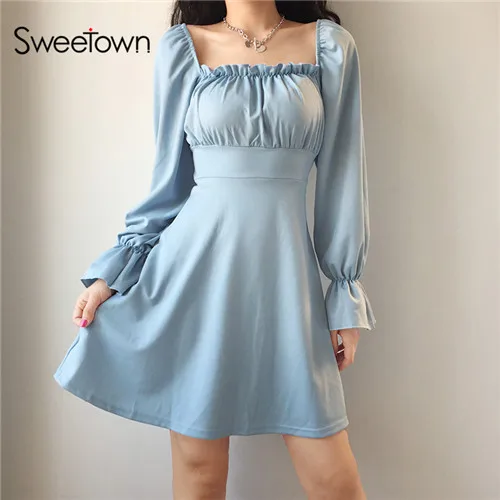 Sweetown/черное винтажное платье с перекрестной повязкой, осеннее платье с длинными рукавами и квадратным воротником, с оборками, с открытой спиной, сексуальное платье в стиле бохо, элегантное - Цвет: blue