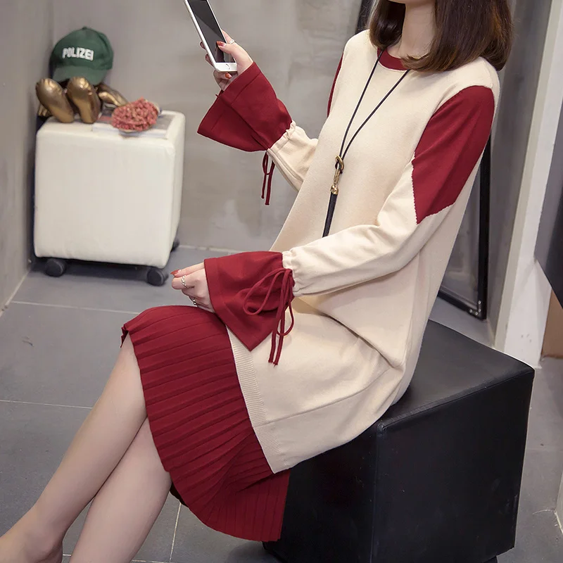 

XL-4XL Plus Size Women Knitted Pleated Dress Winter 2019 Fashion Long Sleeve Loose Casual Ladies Elegant Sweater Warm Dresses