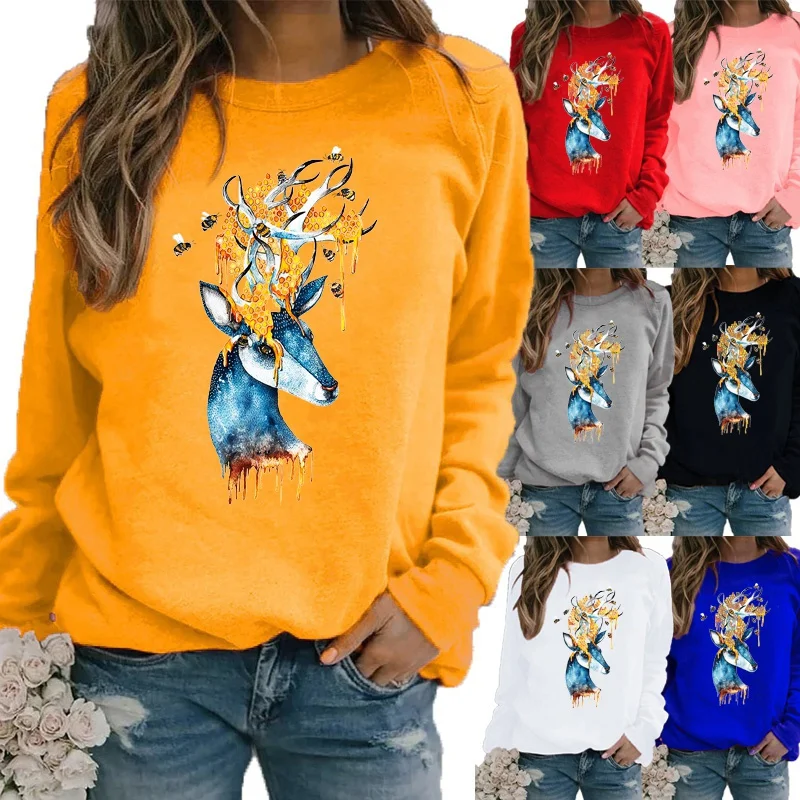 

Женская Повседневная Осенняя модная одежда, свободные футболки с круглым вырезом и длинным рукавом, женская футболка большого размера с принтом, пуловер, свитшоты