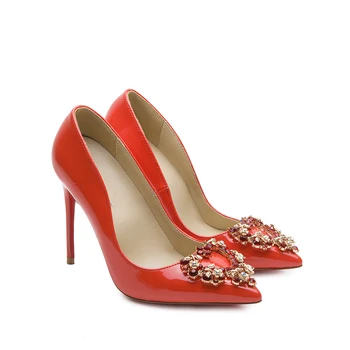 

Wedding shoes women sexy wedding dress square buckle Crystal shoes Xiuhe bride pointy red high heels women stilettos 2020 new