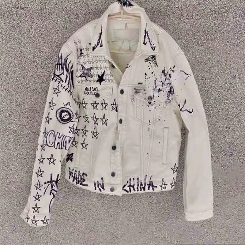 

SMFK white hand-painted Abstract ink-splashing relativistic jean jacket jacket ivory white SU004W