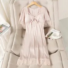 

Short Sleeve Nightdress Women Lace Sleepwear Summer Satin Nightgown V-Neck Home Dressing Gown Nightwear Robe Nighty Dress