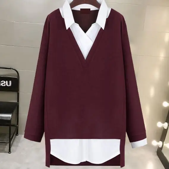 Blusas Mujer, новинка, осенне-зимняя женская блузка, Лолита, имитация двух частей, трикотажная рубашка, женские топы, Blusas, большие размеры, XL-5XL, AH339