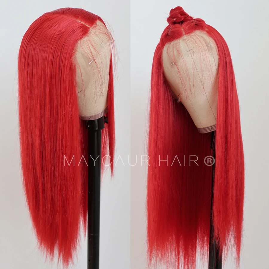 Maycaur Red Blue Green Color Long Straight Lace Front Wigs Heat Resistant Glueless Synthetic Hair Wigs for Women (2)