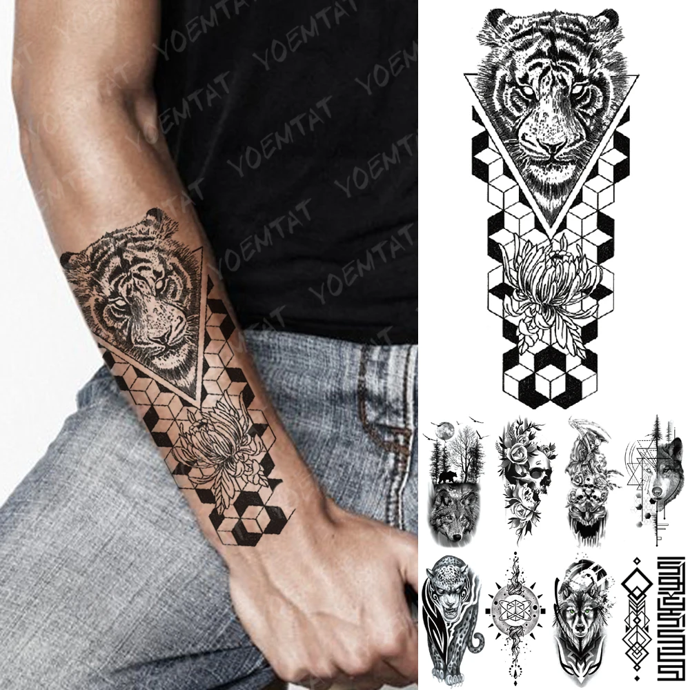 

Waterproof Temporary Tattoo Sticker Geometric Tiger Wolf Death Flash Tattoos Leopard Totem Body Art Arm Fake Tatoo Women Men
