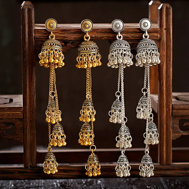 Retro Bollywood Oxidized Women Jhumka Indian Earrings Femmes Ethnic Gold Silver Color Afghan Bell Long Tassel Drop Earrings dangle earrings drop earrings long earrings