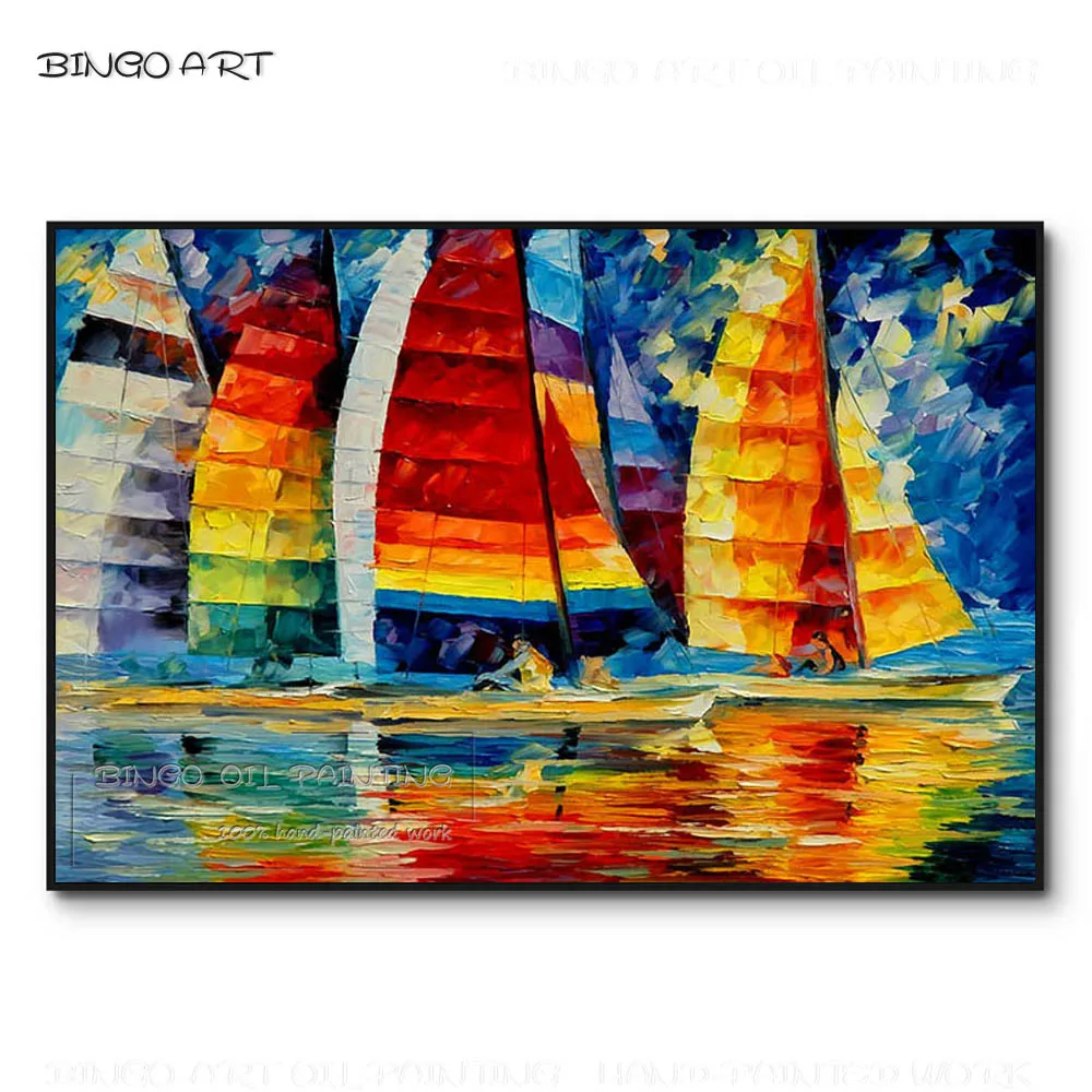 

Best Skill Artist Hand-painted High Quality Gorgeous Landscape Sailboat Oil Painting Beauty Knife Painting Sailboat Oil Painting