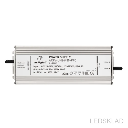 028087 Блок питания ARPV UH24480 PFC (24V 20A 480W) (ARL IP67 Металл 7 лет) 1шт. Arlight|Новизна освещения| |