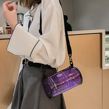 

S.IKRR Round Bucket Transparent Bag Crossbody Women Purple Handbags Beach Jelly Shoulder Bag PVC Messenger Bags Mini Clear Purse
