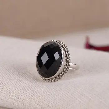 

Natural Black Onyx Rings 925 Sterling Silver Rings For Women Faceted Stone Vintage Retro Style Simple Elegant Conjunto Aneis