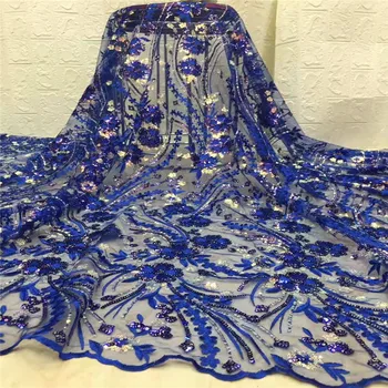 

Latest Royal Blue African Dry Lace Fabrics 2019 High Quality French Mesh Lace Fabric With Sequins For Nigerian Party Wedding Sew