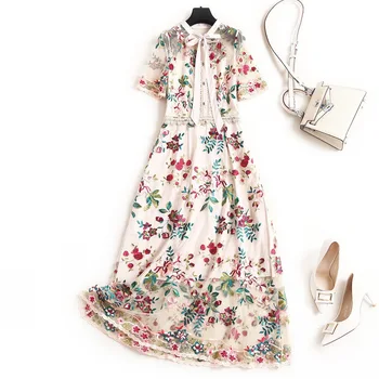 

Vintage Embroidery Floral Maxi Dress Short Sleeve Ankle-Length O-Neck vestido vintage longo robes femme nouveautes 2020