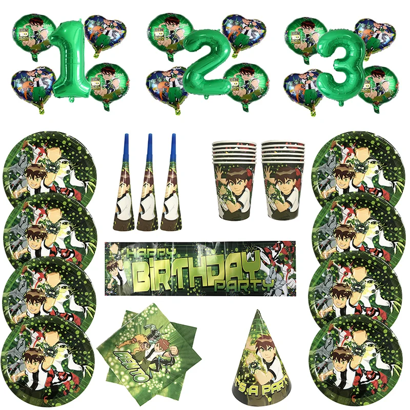 Suministros de fiesta de cumpleaños Ben10, plato y vaso de papel, servilleta, bandera, mantel, vajilla desechable, decoración para fiesta de Baby Shower, gran oferta