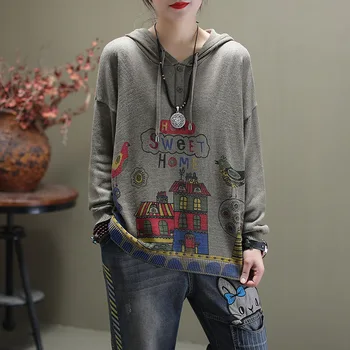 

New spring thin hooded pullover tops printed sweater women casual top pullovers