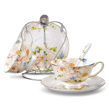 

Panbado Flowers European Style Bone China Porcelain Relax Afternoon Tea Coffee Cup Gift Set with Saucer&Spoon and Iron Stand