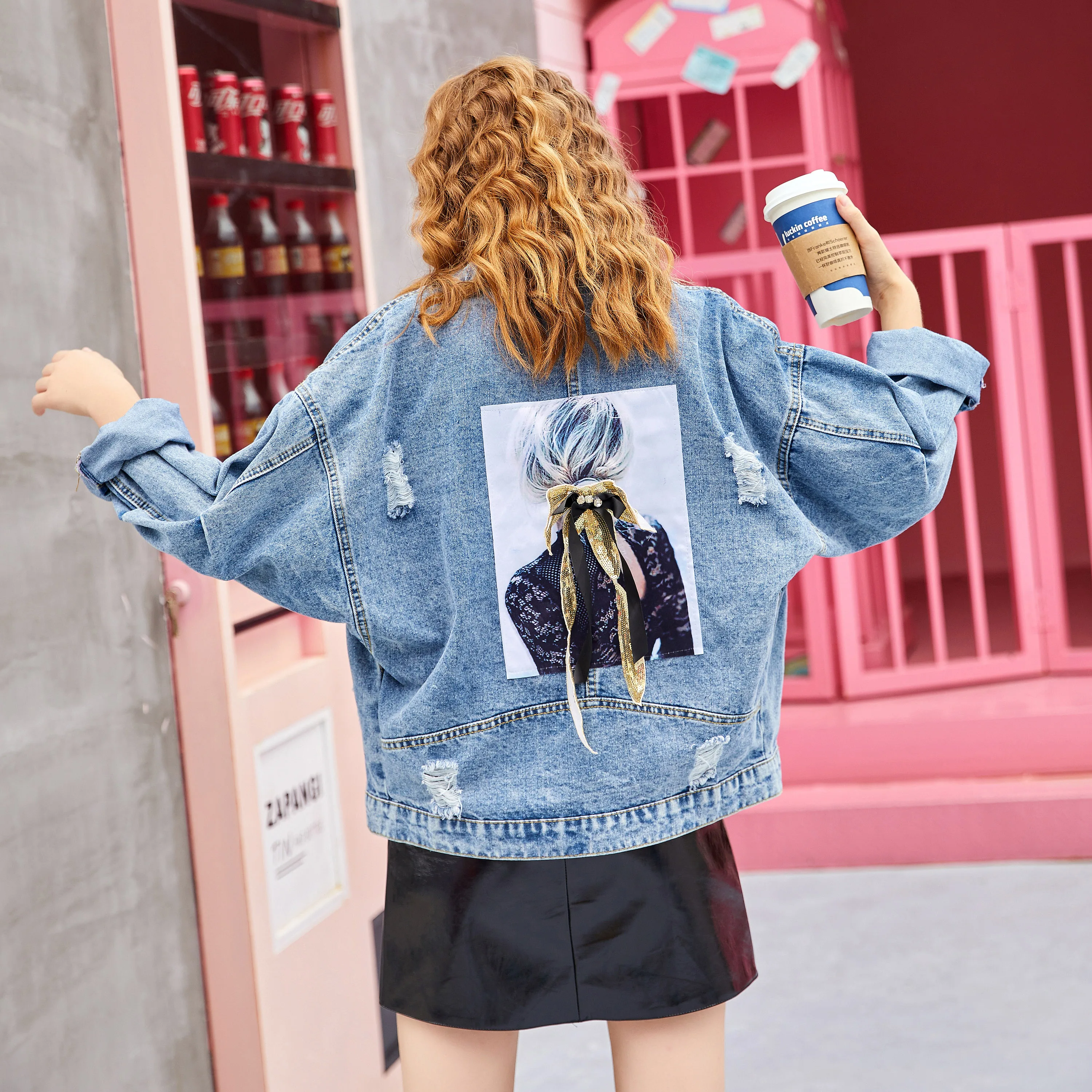 Новый Осенне-зимняя обувь Harajuku печатных потертые джинсовые куртки Свободная