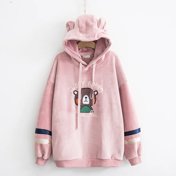 Розовый Merry Pretty, женские толстовки с капюшоном с вышитым мультяшным медведем, толстовки с ушками на капюшоне, зима, плюс бархатные пуловеры с капюшоном - Цвет: Розовый