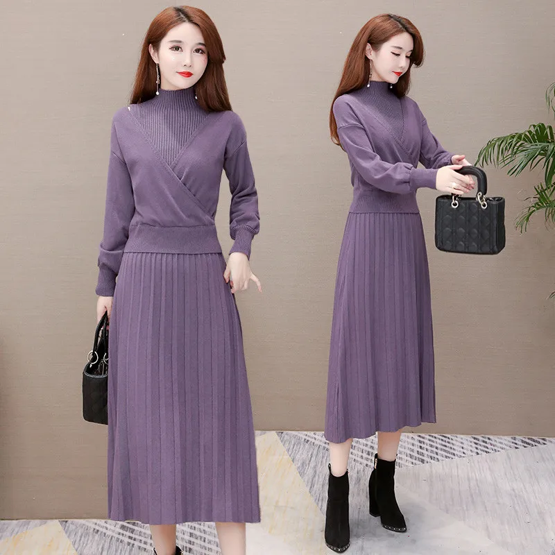 

Fashion Dress suit 2023 Autumn Winter Two Piece Set Women Korean Long Sleeve Turtleneck Knitted Bottoming Dresses Ladies G1754