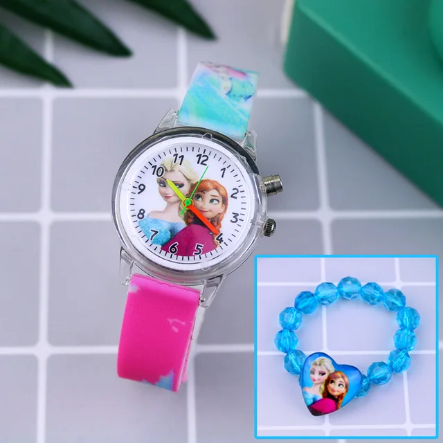 Fashion Cartoon Flash Light Girls Watches Kids with Bracelet Silicone Strap Princess Elsa Children Watches Clock reloj infantil Rose with Bracelet