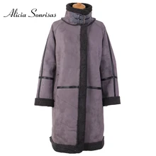 Зимнее пальто с хлопковой подкладкой Для женщин Длинная черная замша куртка мех ягненка пальто с мехом из искусственной овчины Свободные теплые ботинки с хлопковой подкладкой мотоциклетные байкерские куртки-парки DBY01