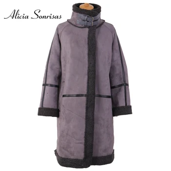 

Winter Coat Cotton Women Long Black Suede Jacket Fur Lamb Coat Faux Sheepskin Loose Padded Warm Motorcycle Biker Parkas DBY01