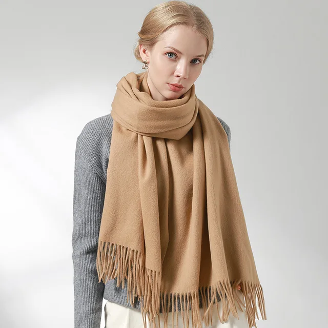 Russia 100% Pure Wool Scarf Women Thicken Warm Echarpe Wraps Ladies Foulard Femme Winter Solid Camel Merino Fine Wool Scarves Camel