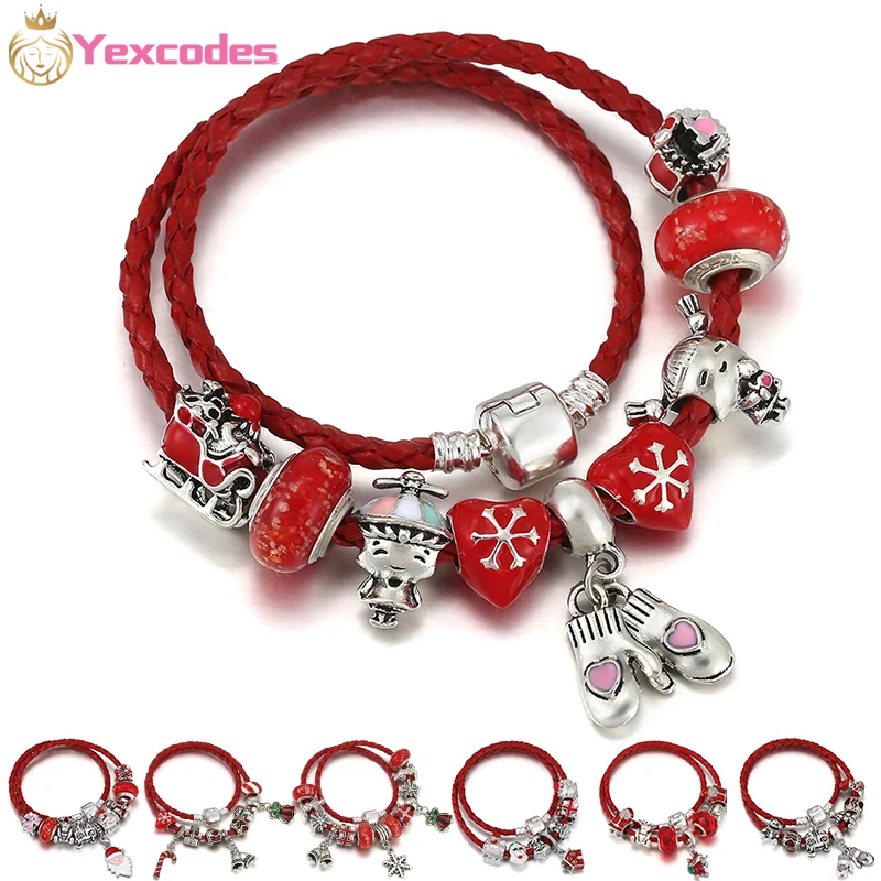 

Christmas Leather Cord Bracelet New Year Gift Jewelry Women Bracelet DIY Boy Girl Santa Bell Children's Bracelet Direct Shipment