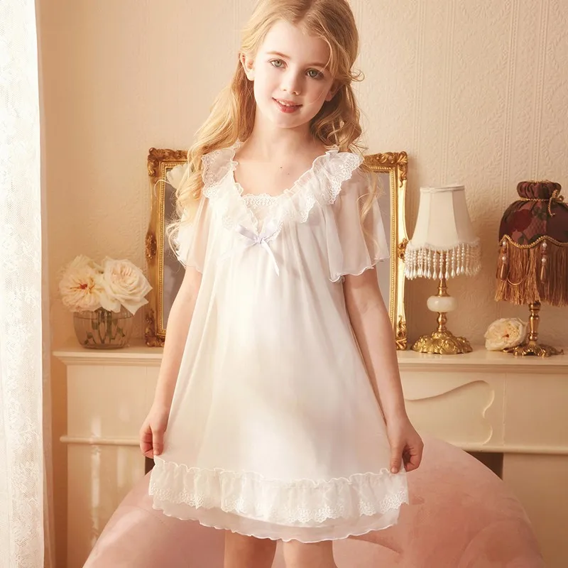 

Lovely Princess Nightgowns Girls Summer Short Sleeve Sleepwear Mid Length Mesh Bathrobe Kids Leisure Soft Nightwear Nightdress