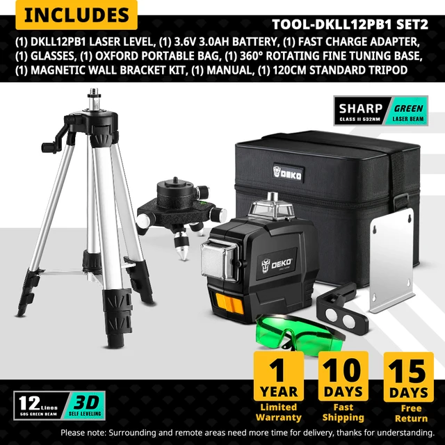 DEKO DC Series 12 Lines 3D Green Laser Level Horizontal And Vertical Cross Lines With Auto Self-Leveling, Indoors and Outdoors DKLL12PB1 SET2