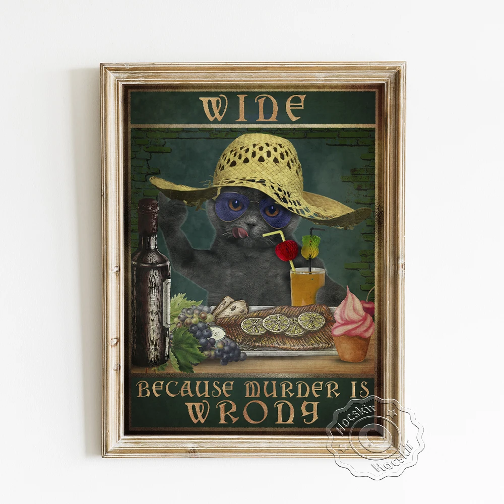 Винтажный художественный постер смешного смеха, забавная милая картина на стену с изображением животного напитка сока, милая соломенная шляпа для кота, изысканная еда, торт, домашний декор