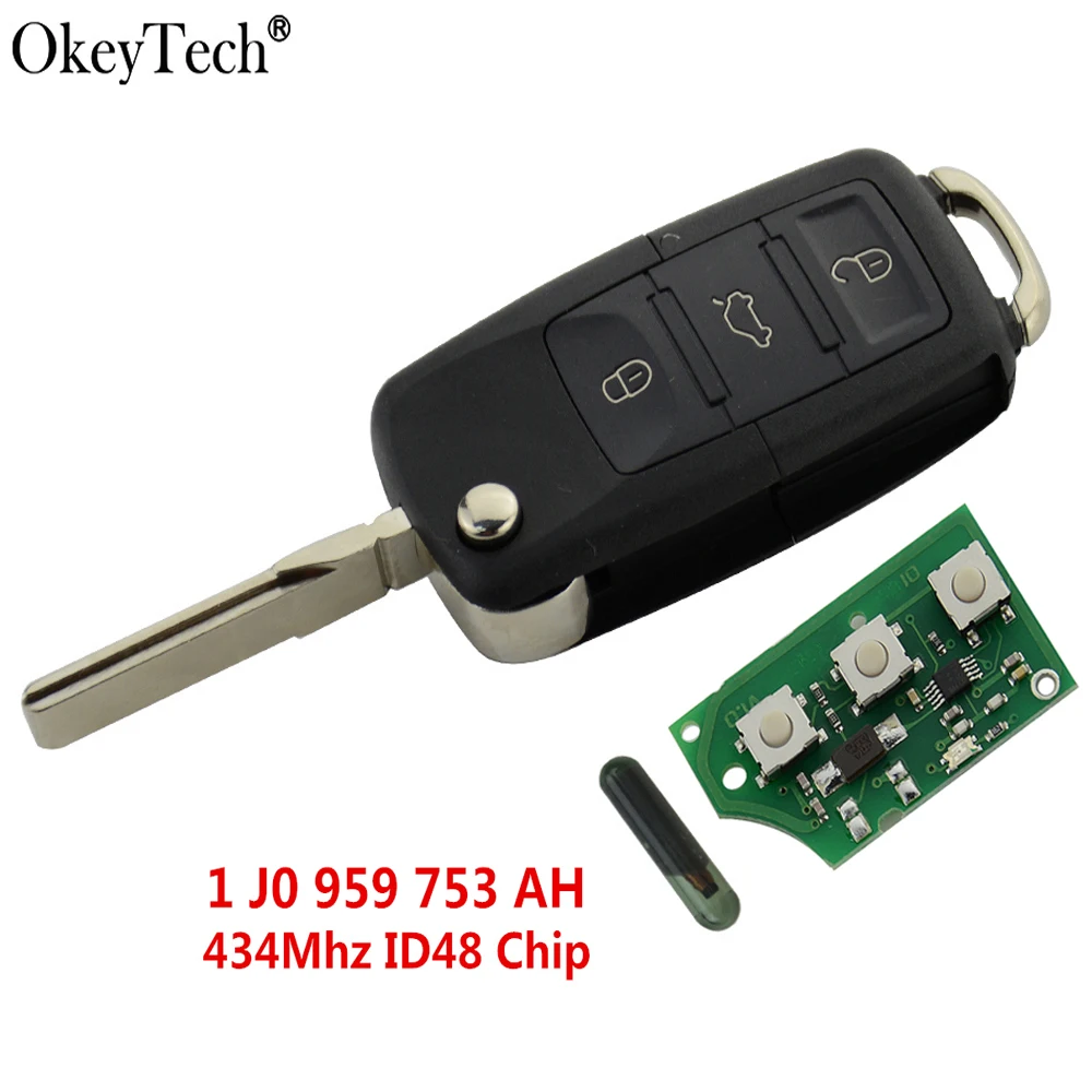 

Okeytech 3 Button Remote Key Flip Folding 434Mhz ID48 Transponder Chip For VW Golf 4 5 Passat Polo 2000-2006 1 J0 959 753 AH