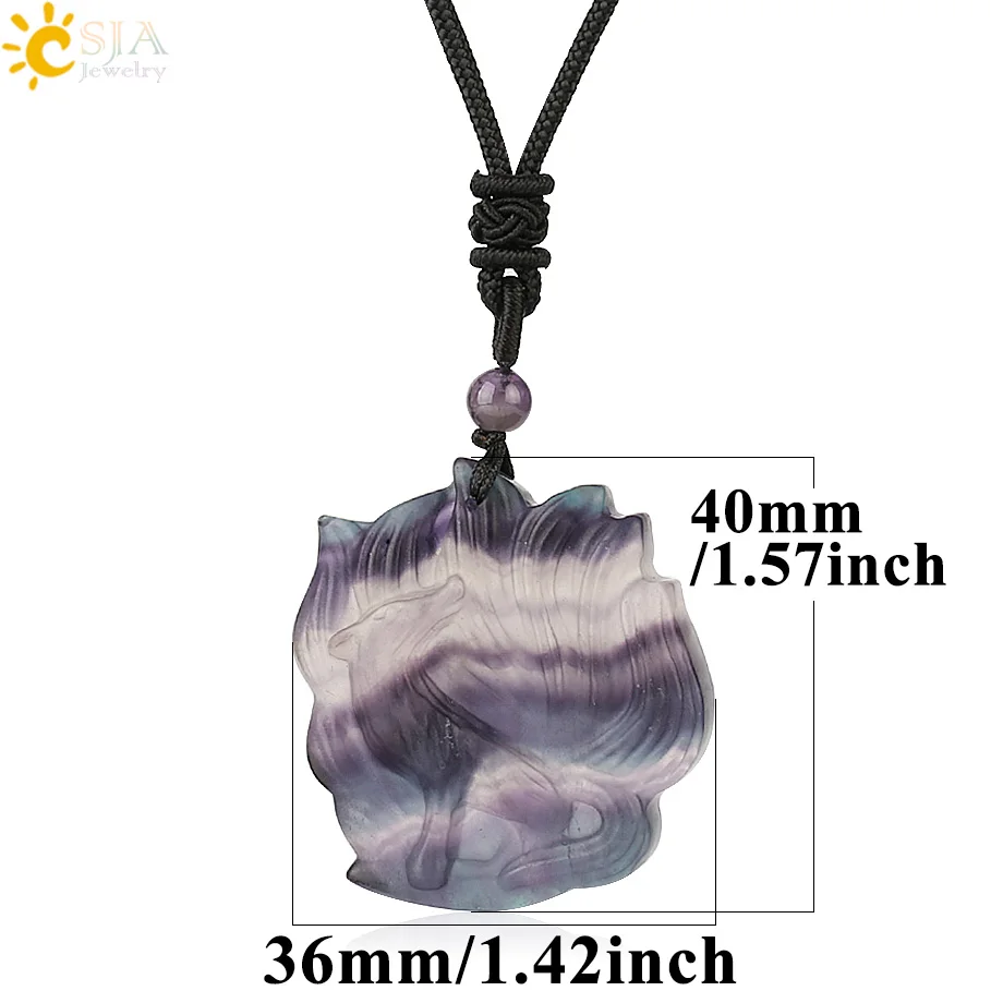 Fox-C CSJA Natural Stone Fluorite Pendants& Necklaces Engraved Nine-tailed Fox Rose Flower Carved Reiki Lucky Pendant Women Men G286 - Окраска металла: Fox-C