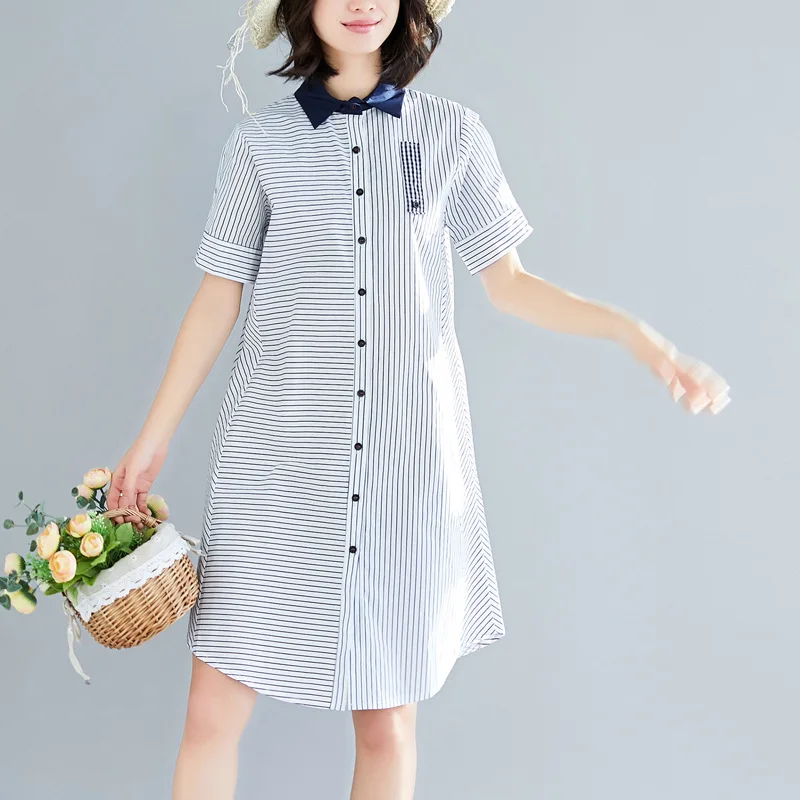 

2019 Summer Wear New Style Korean-style Large Size Dress Stripes Loose-Fit Slimming Cotton Linen Short-sleeved Shirt Dress Women