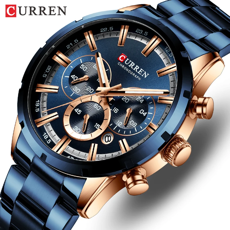 New Fashion CURREN Mens Watches with Stainless Steel Top Brand Luxury Sports Chronograph Quartz Watch Men Relogio Masculino