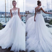 Фантастический Тюль прозрачная аппликация кружева жемчужина декольте A-Line Свадебные платья Элегантный Тюль Свадебные платья