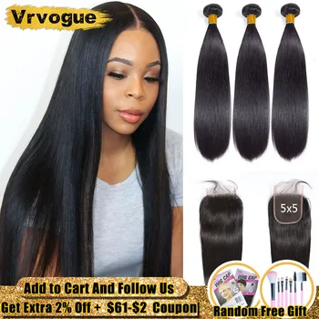 

8-30 Inch Human Hair Bundles With Closure Peruvian Straight Hair Bundles With 5x5 Closure With Bundles Remy 4Pcs Vrvogue