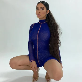 

Skinny Fitness Mesh Rompers Womens Sexy Bodycon Bodysuit Turtleneck Long Sleeve Perspective Playsuit Sports Outfit Activewear