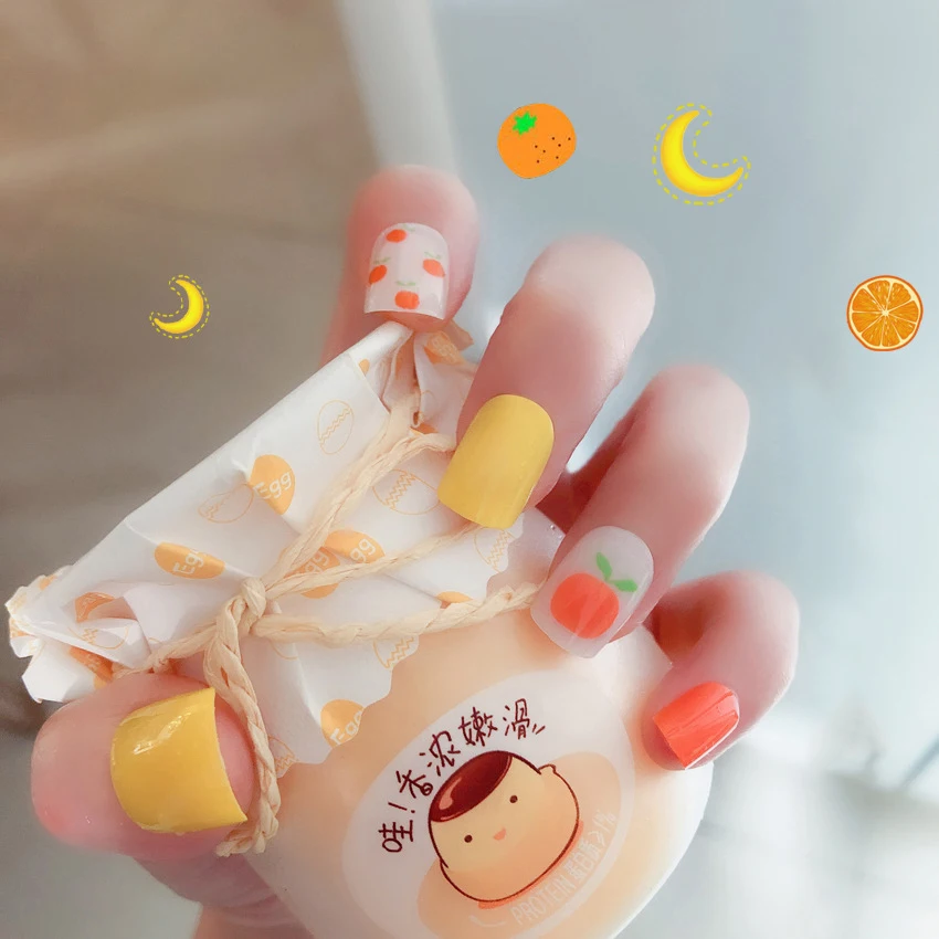

24Pcs/set New Cute Manicure Summer Fruit Full Cover Fake Nail Tips Yellow Orange Sweet Style False Nail Art Decor with Glue S63