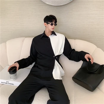 

New Male Women Streetstyle Shirt Men Black White Splice Casual Long Sleeve Casual Shirt
