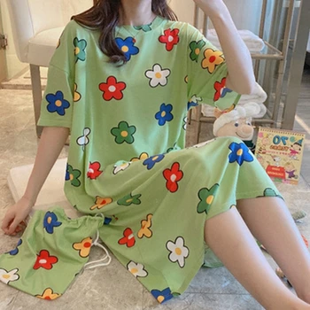

Women Summer Nightdress Korean Style Cute Loose 2020 New Short Sleeve Printed Leisure Breathable Thin High Quality Nightdress