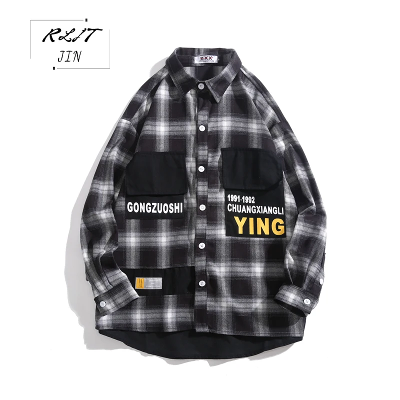 

RLJT.JIN Simple Fashion Casual Pure Color Cotton Men Shirt High Quality Large Plaid Style Japanese Shirt With Loose Long Sleeves