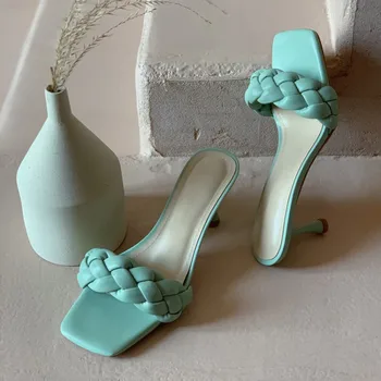 

MLJUESE 2020 women slippers Soft Rome style summer open toe blue color high heels flop flips sandals party wedding size 40