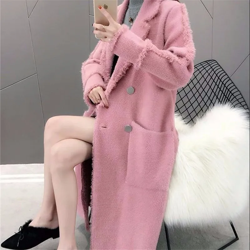 spring and autumn imitation water velvet thick woolen coat female long section new loose over the knee coat - Цвет: Розовый