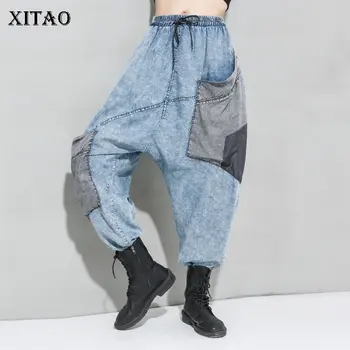 

XITAO Patchwork Pleated Harem Pants Fashion New 2020 Spring Plus Size Loose Elastic Waist Full Length Minority Pants DMY3500