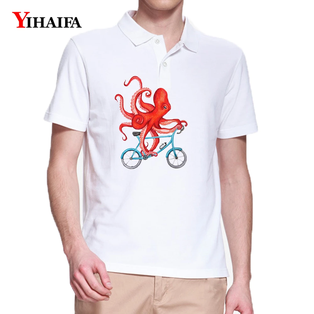 

YIHAIFA New Fashion Men's Polo Shirt Funny Animal Octopus Printed Polos Short Sleeve Understshirt Casual White Tops