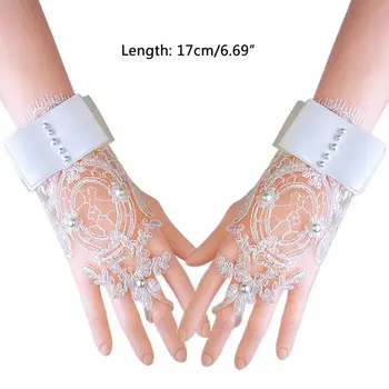 

Women Fingerless Floral Lace Gloves Faux Pearl Bowknot Mittens