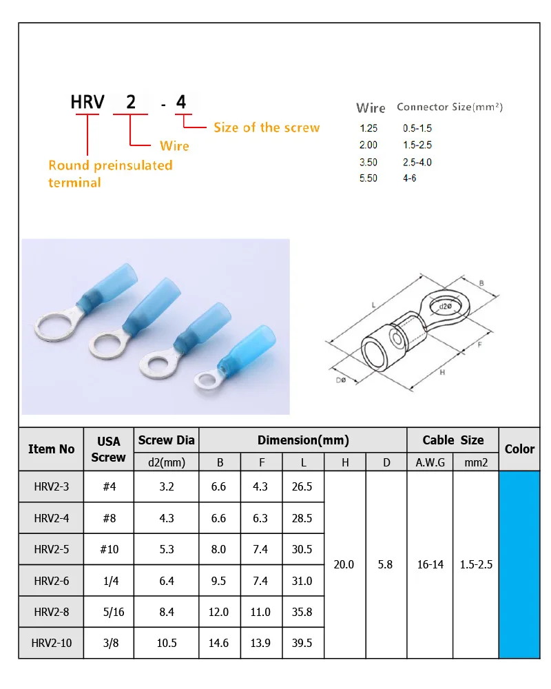 16-14AWG(синий) Термоусадочные кольцевые клеммы с клеевым вкладышем-Размер кольца:#4#8#10 1/4 5/16 3/" винт