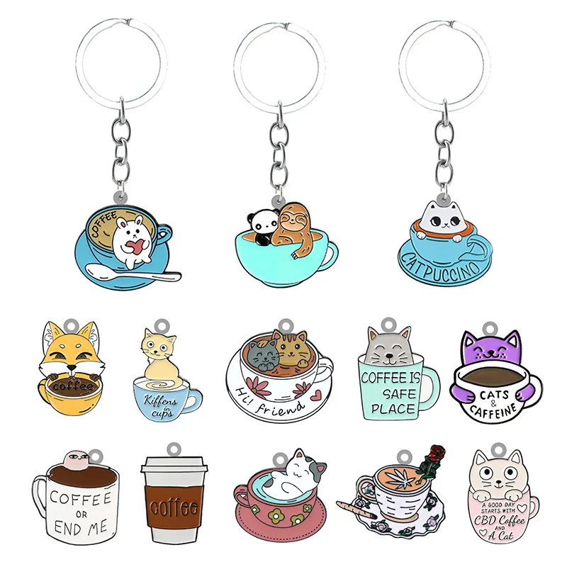 TAFREE Cat Coffee Cup Cartoon Shape Personality Keychain Jewelry Epoxy Backpack School Bag Resin Keychain Fashion Pendant