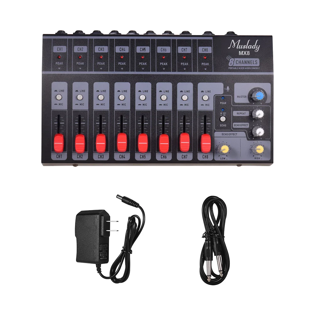 Muslady MX8 Портативный 8 каналов стерео аудио звук микшер низкий уровень шума с эхо-эффектом микшер аудио midi аудио микшер аудио интерфейс - Color: US PLUG